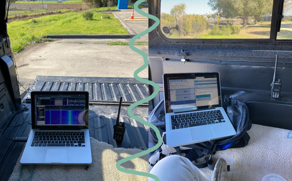 Two images, side by side, of a computer and a radio in the back of a pickup truck listening to radio transmissions.