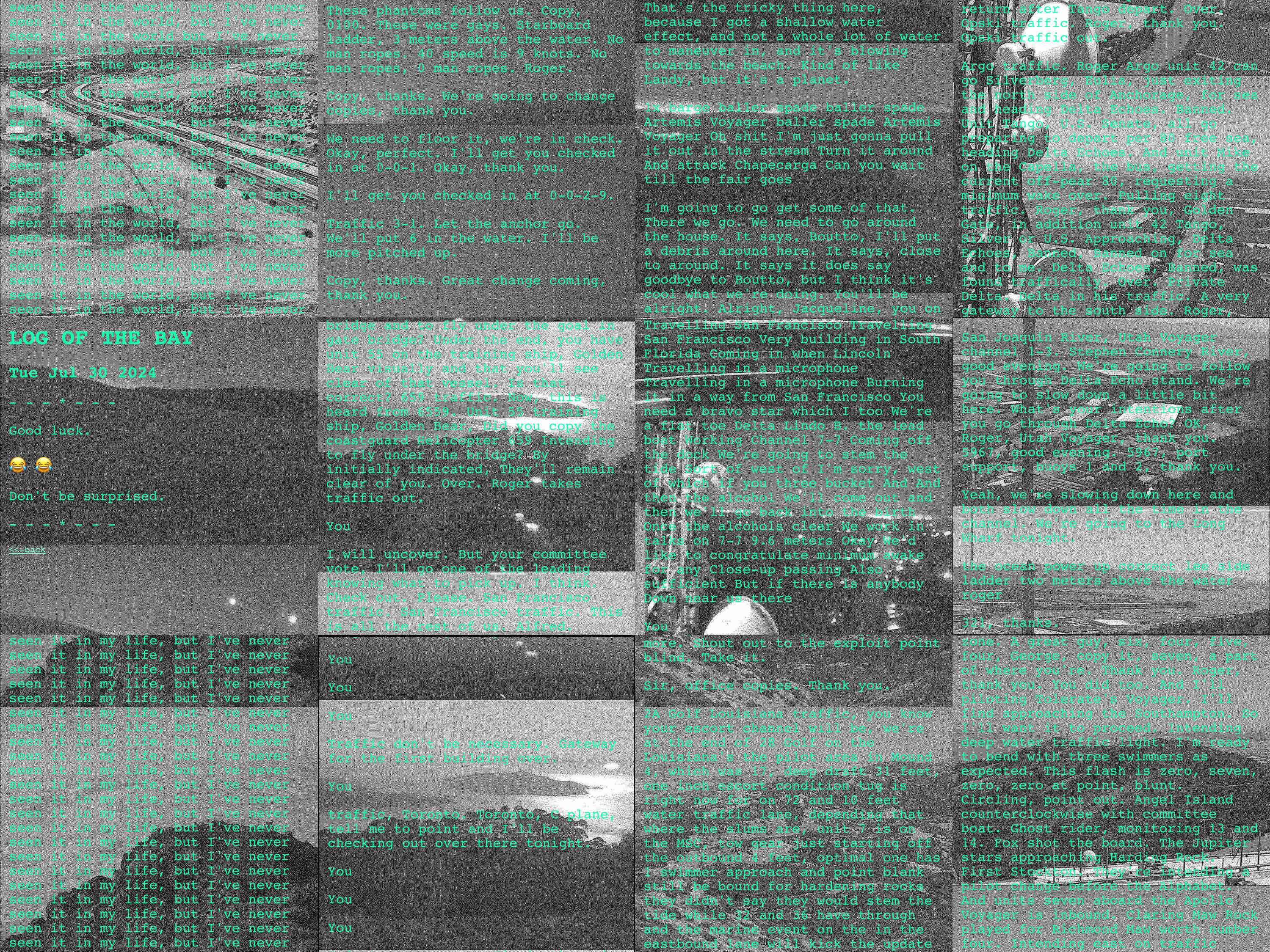 a grid of mobile screenshots showing text over grainy black and white background photos of the Bay Area